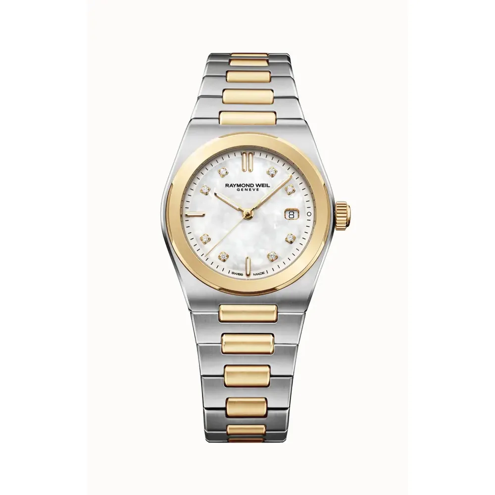 Raymond Weil A.R.T. Mother-of-pearl Dial Integrated Two-tone Bracelet Quartz Watch, 30 mm