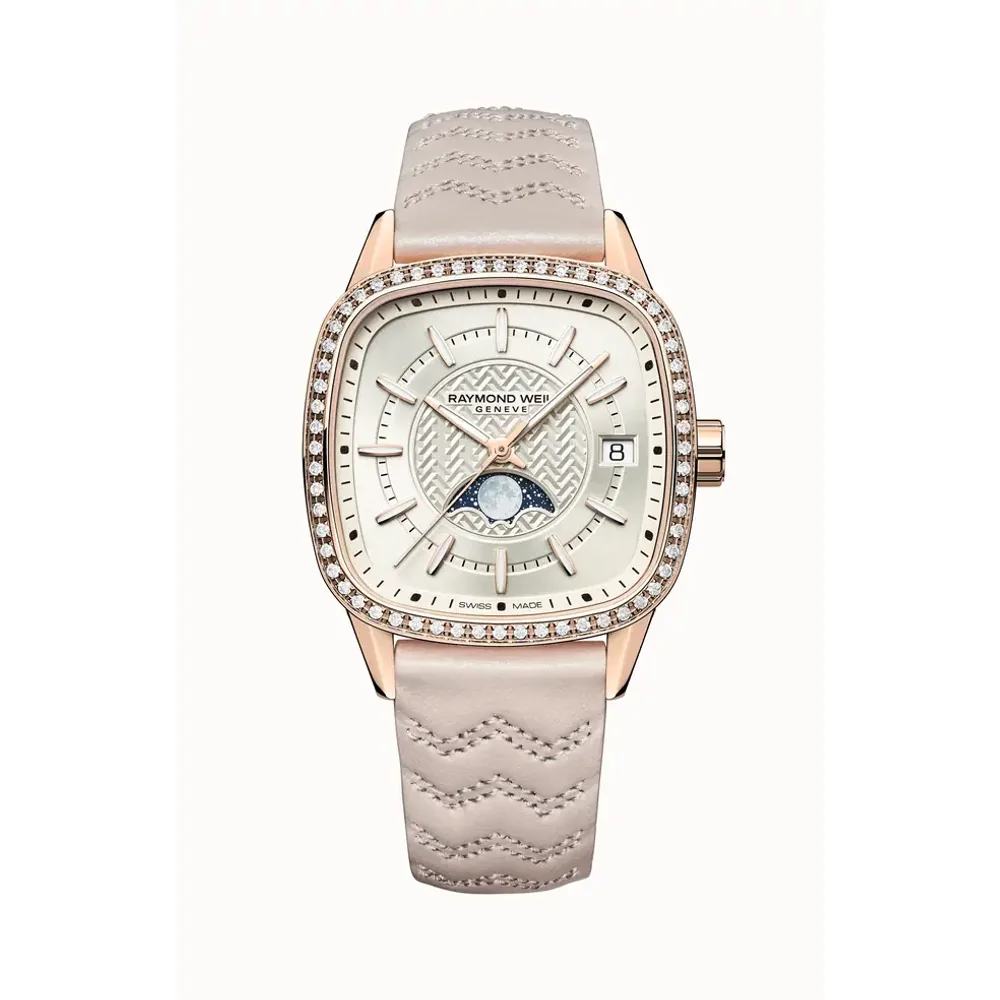 Raymond Weil Freelancer Automatic Moon Phase and Leather Strap Cushion Shape Watch, 34 x 34 mm