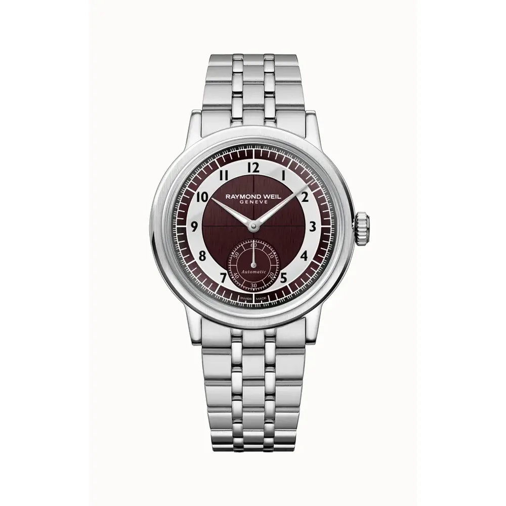 Raymond Weil Millesime Men's Automatic Small Seconds Tuxedo Burgundy and Light Grey Dial Bracelet Watch, 39 mm