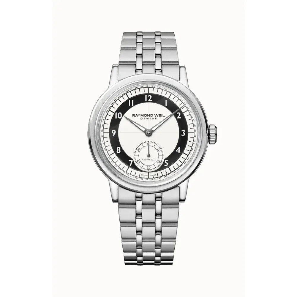 Raymond Weil Millesime Men's Automatic Small Seconds Tuxedo Black and White Dial Bracelet Watch, 39 mm