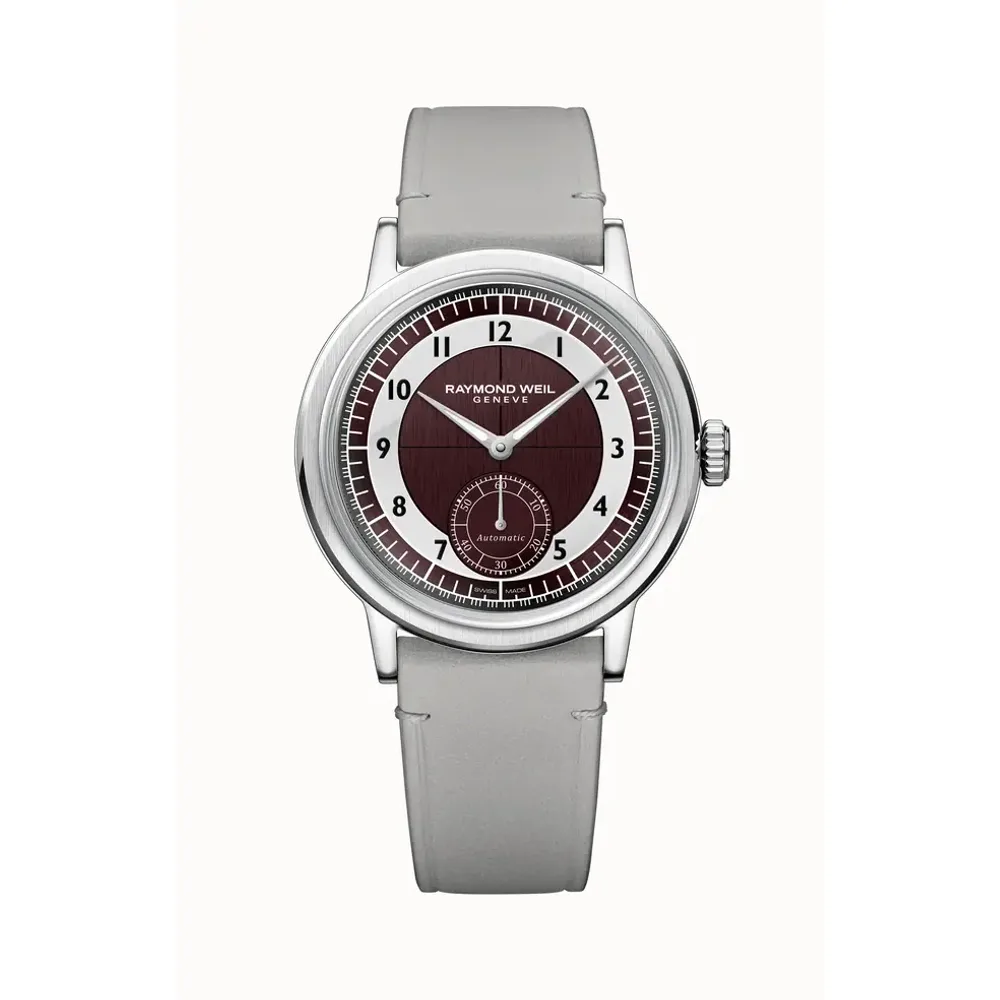 Raymond Weil Millesime Men's Automatic Small Seconds Tuxedo Burgundy and Light Grey Dial Watch, 39 mm