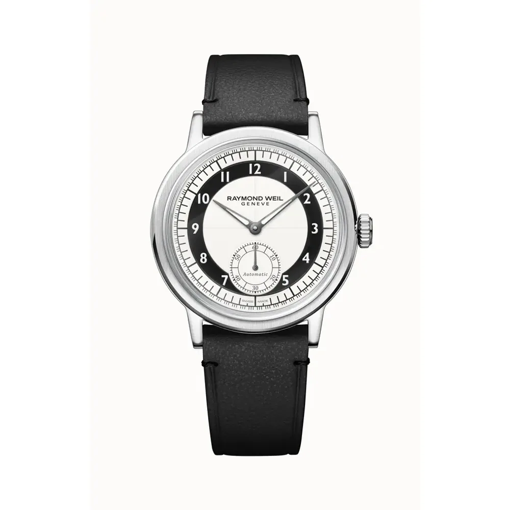 Raymond Weil Millesime Men's Automatic Small Seconds Tuxedo Black and White Dial Watch, 39 mm