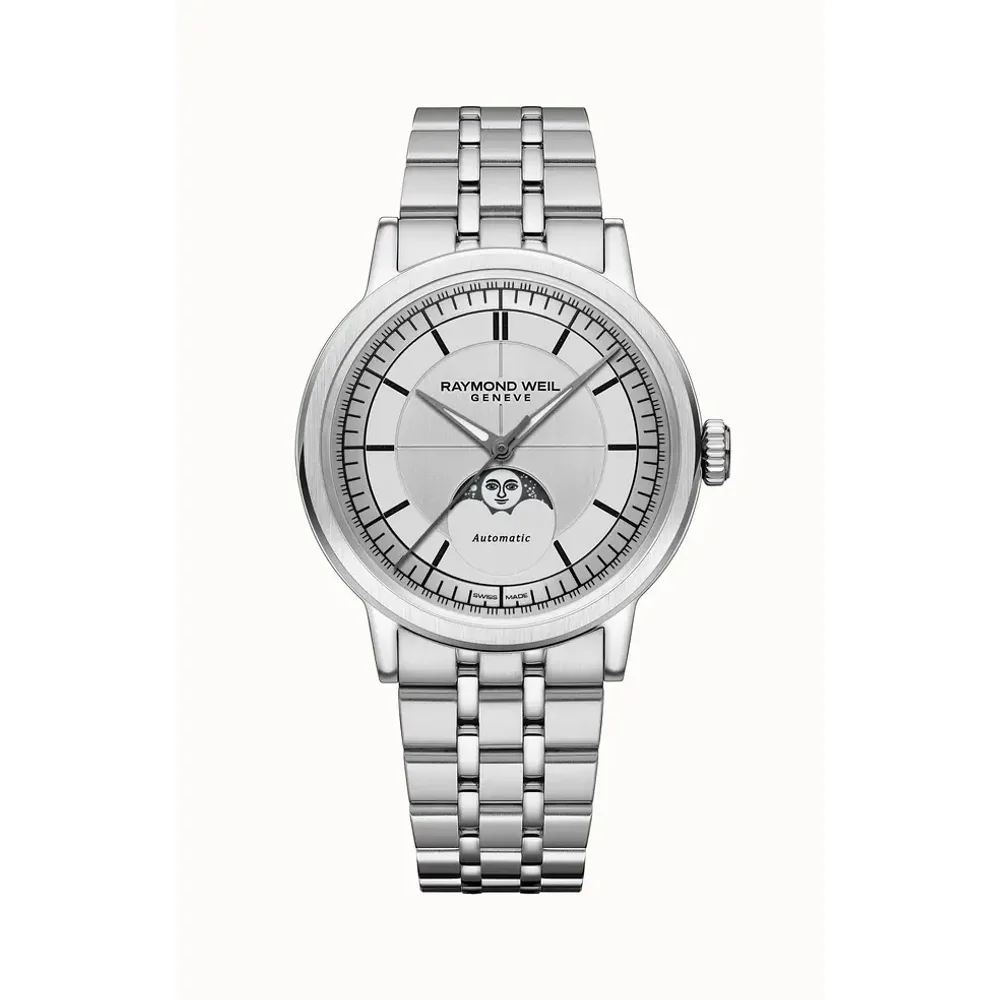 Raymond Weil Millesime Automatic Moon Phase Silver Dial Watch, 39 mm