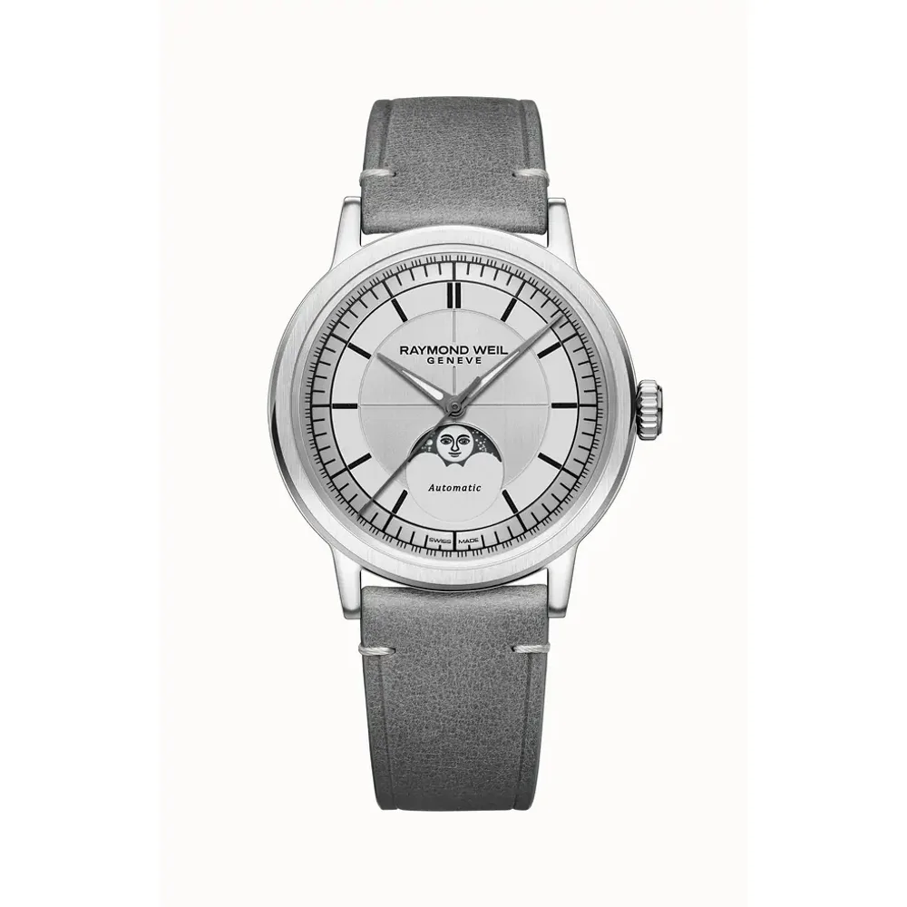 Raymond Weil Millesime Automatic Moon Phase Silver Dial Watch, 39 mm