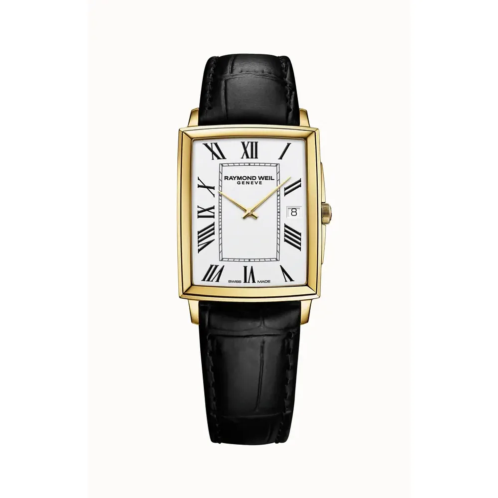 Raymond Weil Toccata Men's Gold PVD White Dial Leather Square Quartz Watch, 37 x 29 mm