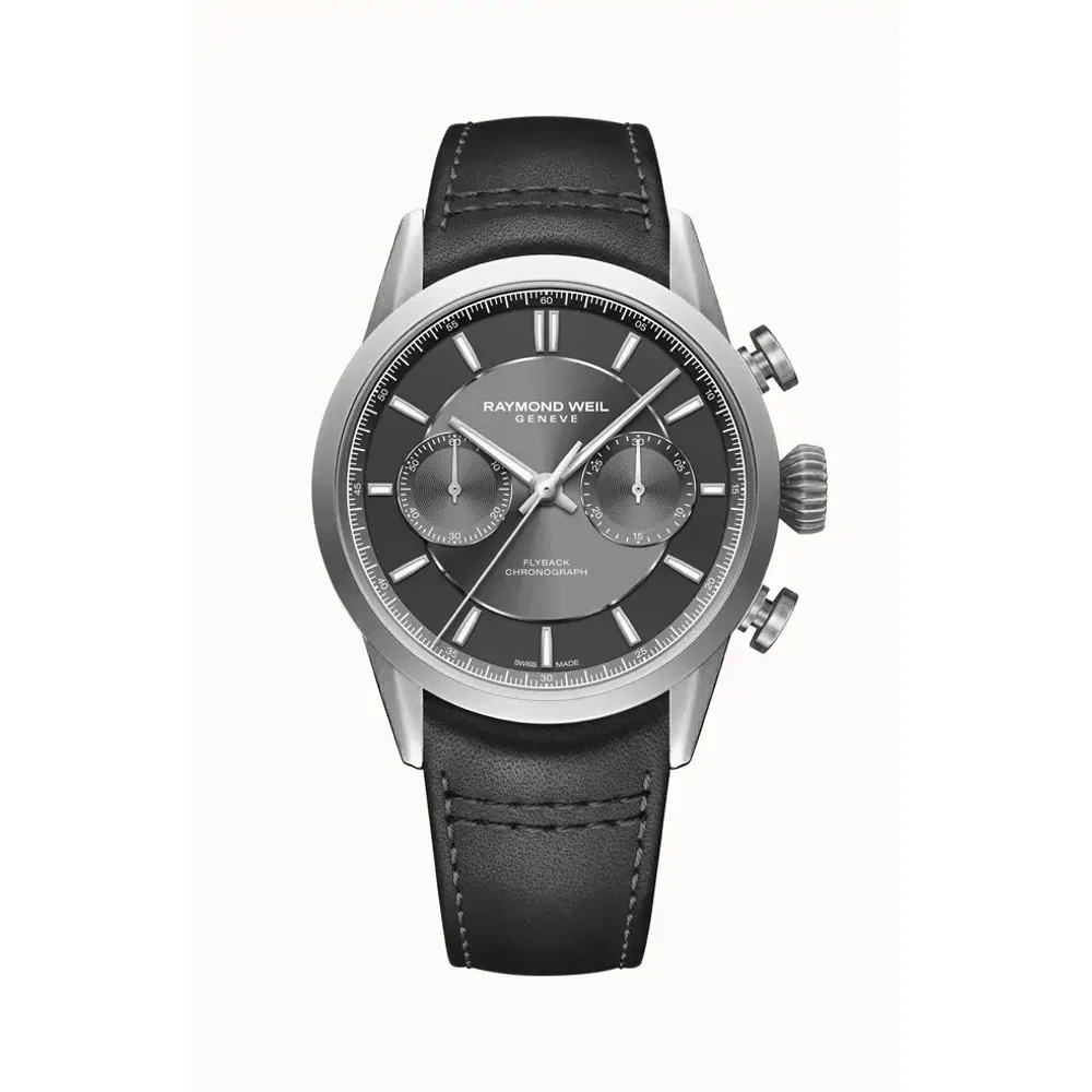 Raymond Weil Freelancer Men's Pilot Flyback Chronograph Leather Automatic Grey Dial Watch, 42 mm