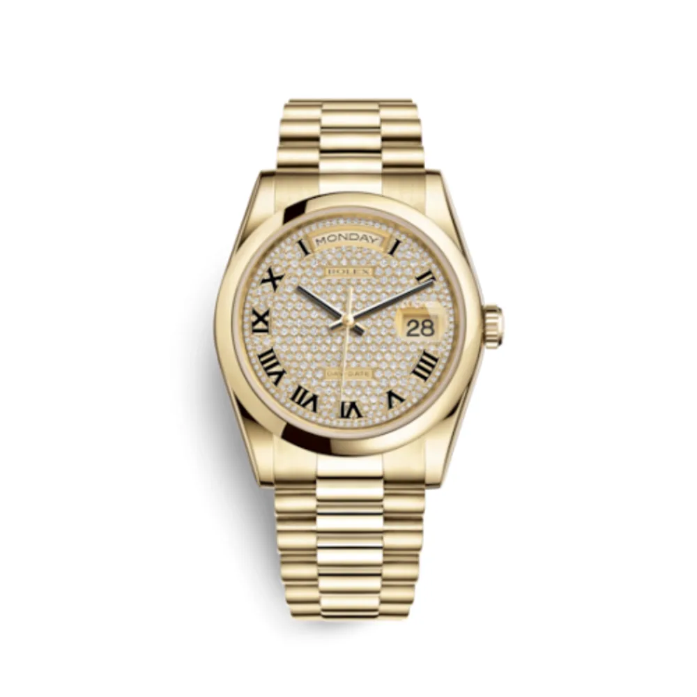 Rolex Day-Date 36 Yellow Gold Domed / President / Paved Roman