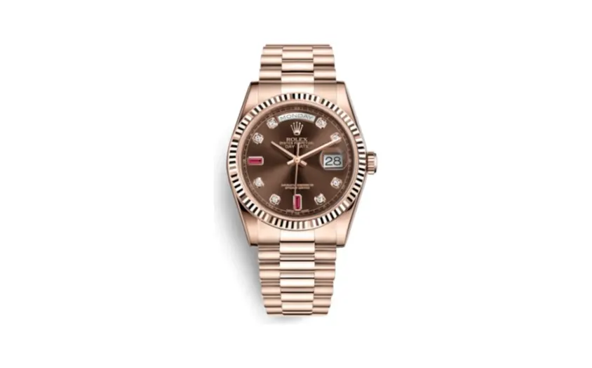 Rolex Day-Date 36 Everose Fluted / President / Chocolate Diamonds Rubies