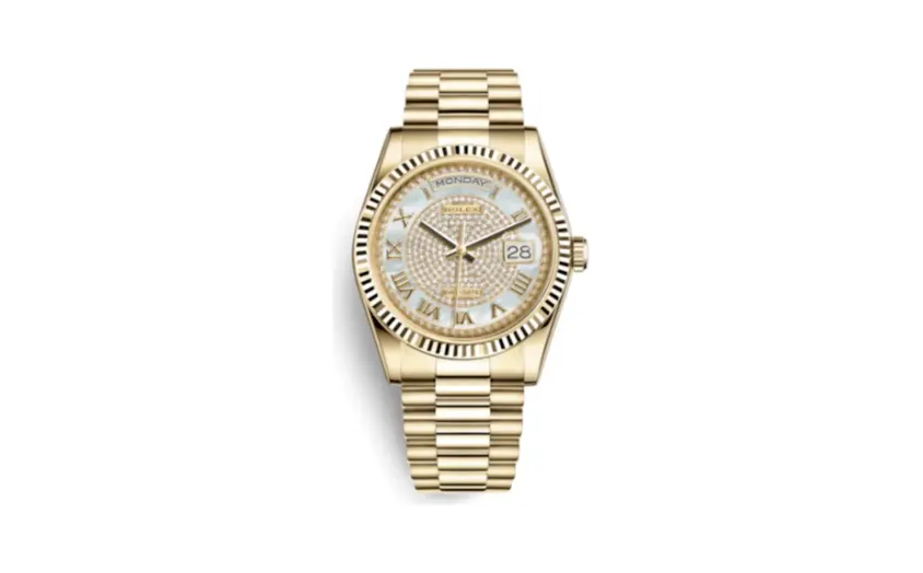 Rolex Day-Date 36 Yellow Gold Fluted / President Diamond / Paved Roman