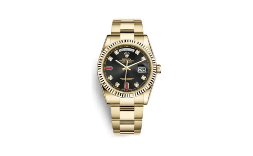 Rolex Day-Date 36 Yellow Gold Fluted / Oyster / Black Diamonds Rubies