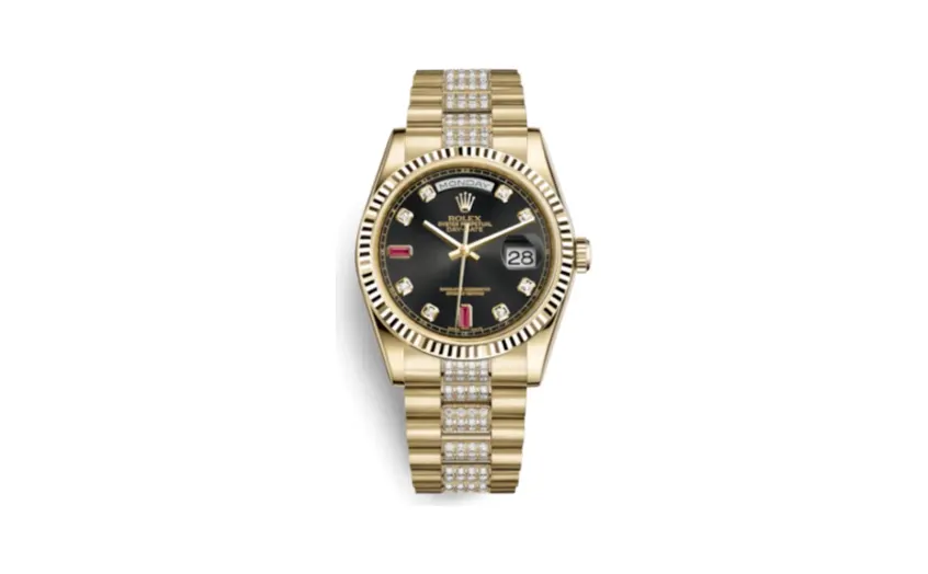 Rolex Day-Date 36 Yellow Gold Fluted / President Diamonds / Black Diamonds Rubies