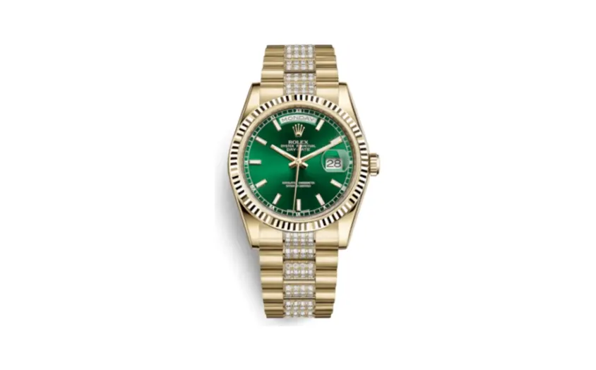 Rolex Day-Date 36 Yellow Gold Fluted / President Diamonds / Green