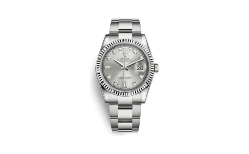Rolex Day-Date 36 White Gold Fluted / Oyster / Silver Diamonds