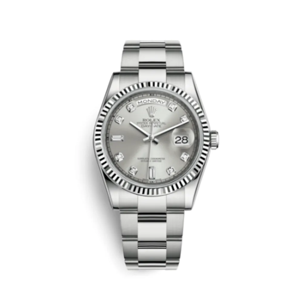 Rolex Day-Date 36 White Gold Fluted / Oyster / Silver Diamonds