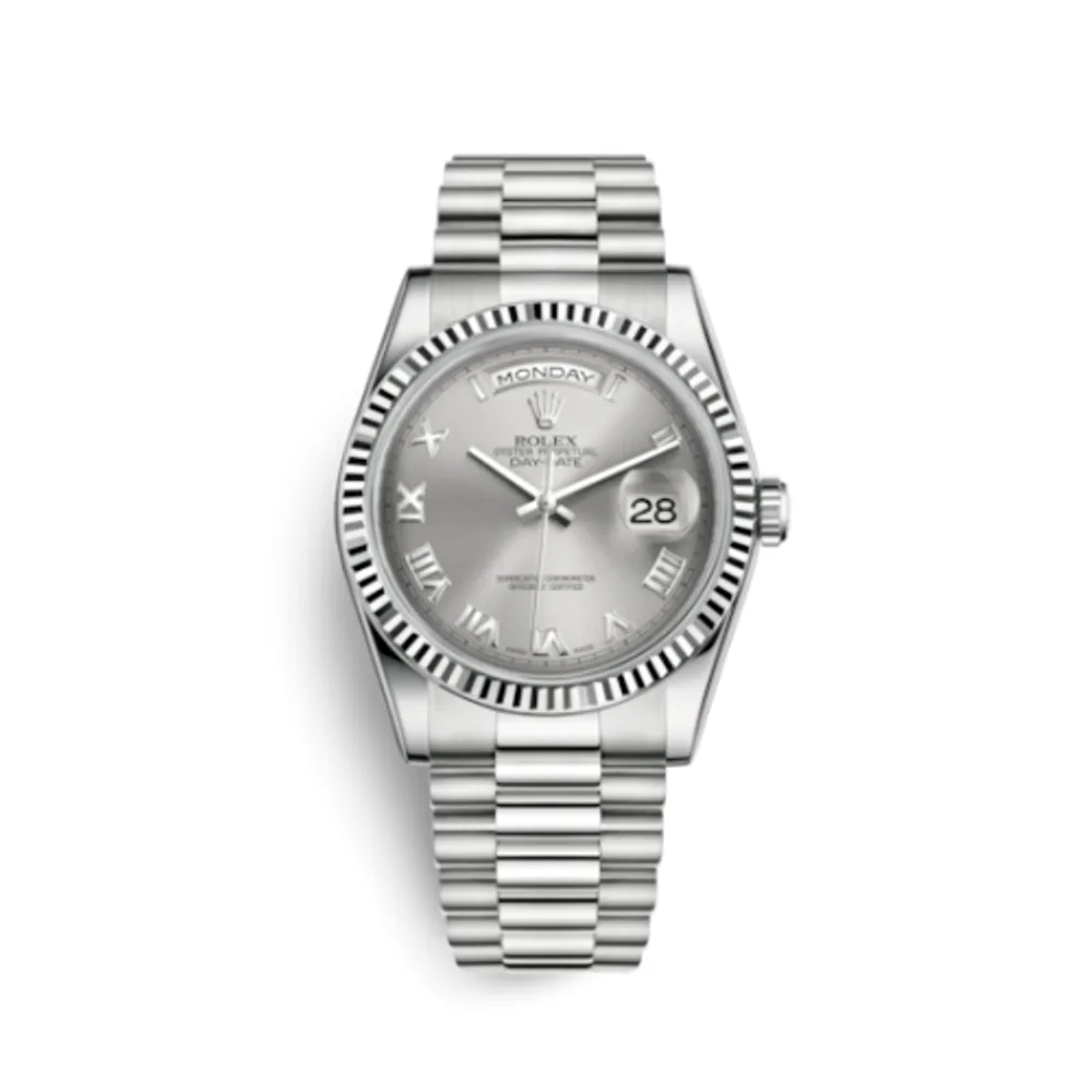 Rolex Day-Date 36 White Gold Fluted / President / Grey Roman