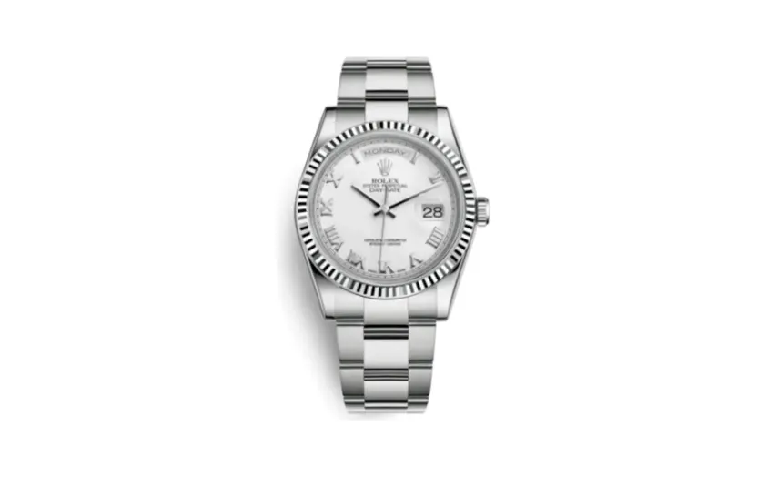 Rolex Day-Date 36 White Gold Fluted / Oyster / White Roman