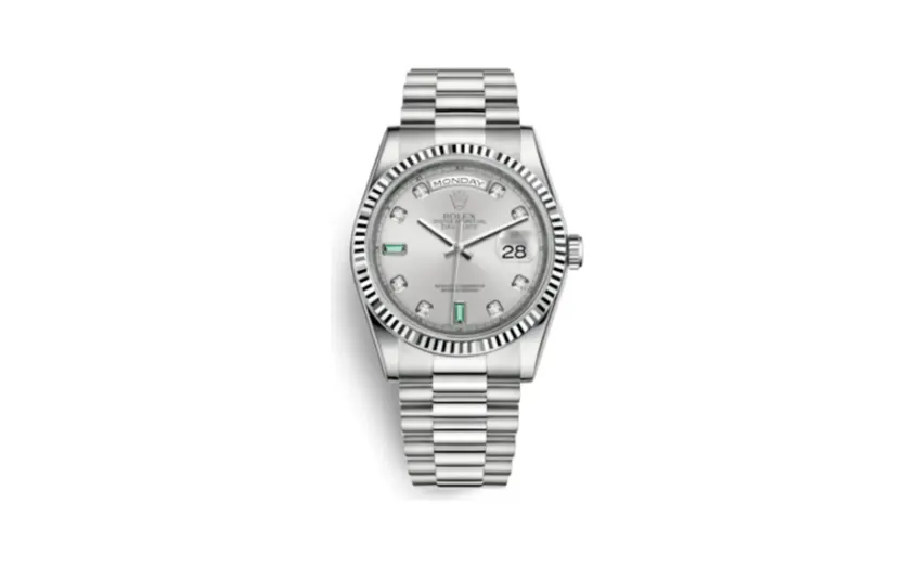 Rolex Day-Date 36 White Gold Fluted / President / Silver Diamond Emerald