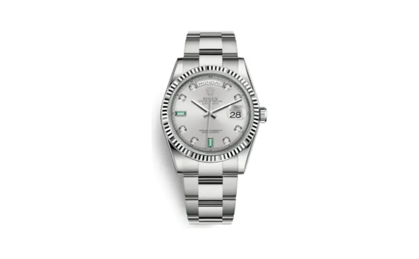 Rolex Day-Date 36 White Gold Fluted / Oyster / Silver Diamond Emerald