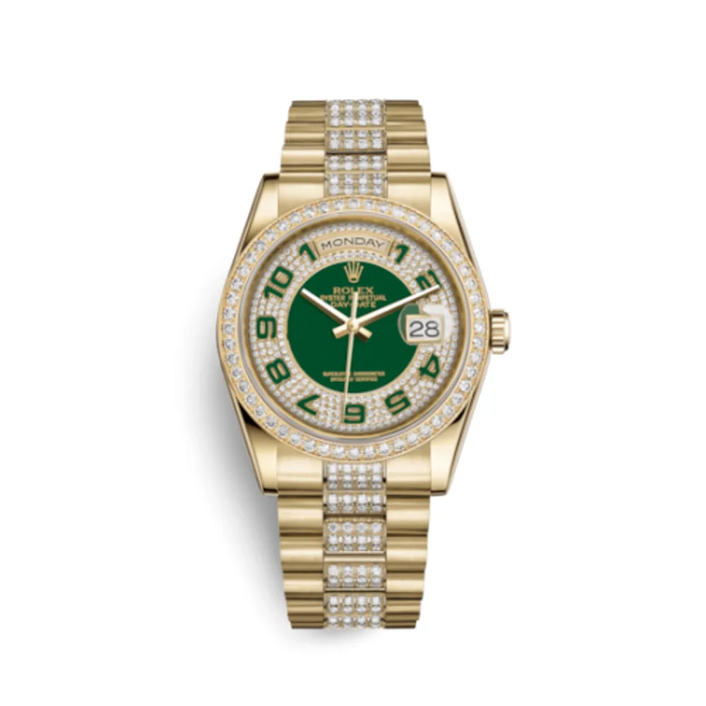 Rolex Day-Date 36 Yellow Gold Diamonds / President Diamonds / Green Paved