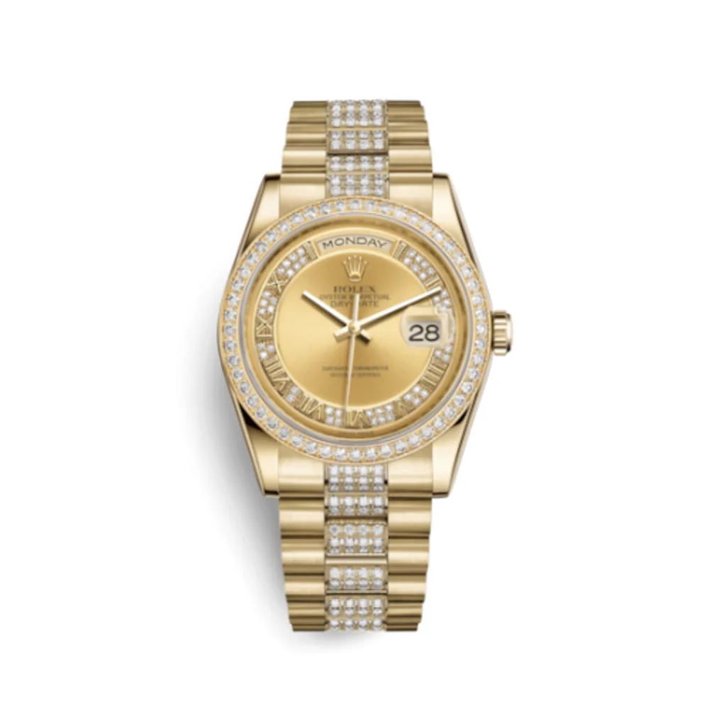 Rolex Day-Date 36 Yellow Gold Diamonds / President Diamonds / Champagne Roman