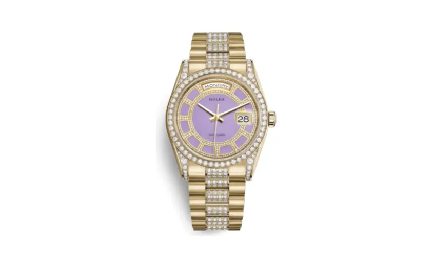 Rolex Day-Date 36 Yellow Gold Diamonds / President Diamonds / Lavender Jade Carousel
