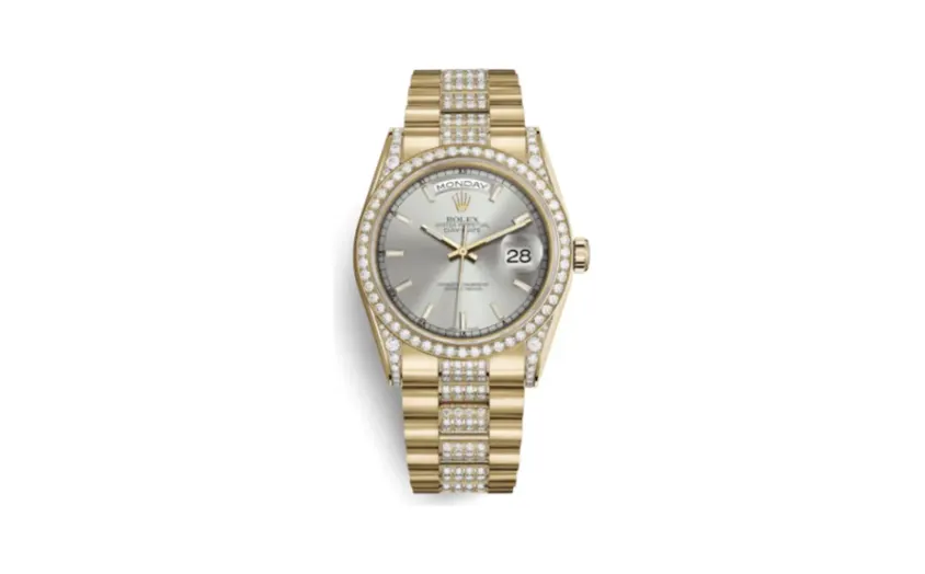 Rolex Day-Date 36 Yellow Gold Diamonds / President Diamonds / Silver