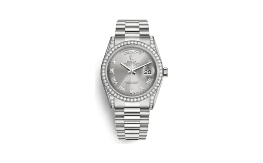 Rolex Day-Date 36 White Gold Diamonds / President / Silver Roman