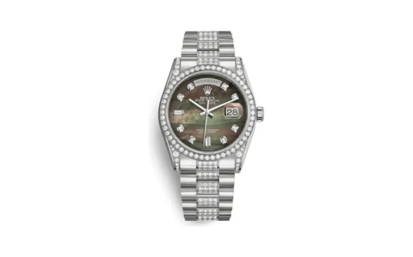 Rolex Day-Date 36 White Gold Diamonds / President Diamond / Black MOP