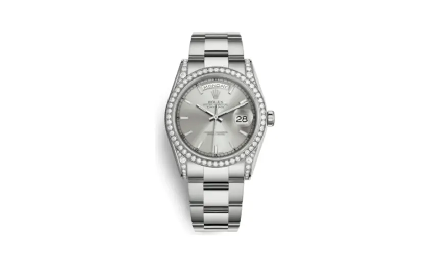 Rolex Day-Date 36 White Gold Diamonds / Oyster / Silver