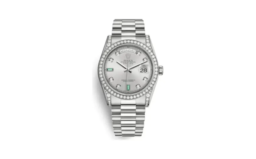 Rolex Day-Date 36 White Gold Diamonds / President / Silver Diamonds Emeralds