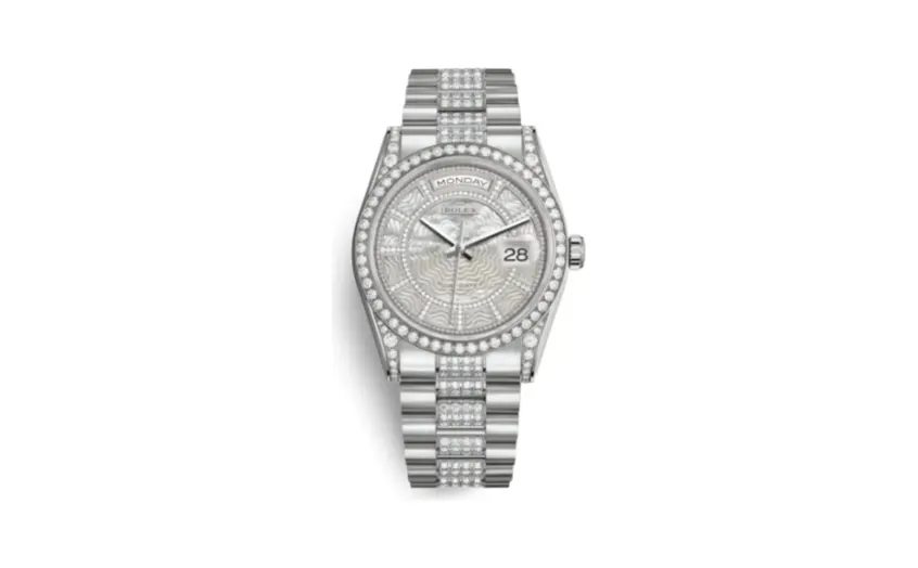 Rolex Day-Date 36 White Gold Diamonds / President Diamonds / MOP Carousel