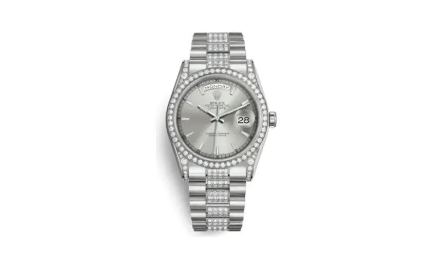 Rolex Day-Date 36 White Gold Diamonds / President Diamond / Silver