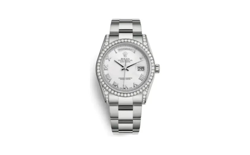 Rolex Day-Date 36 White Gold Diamonds / Oyster / White Roman