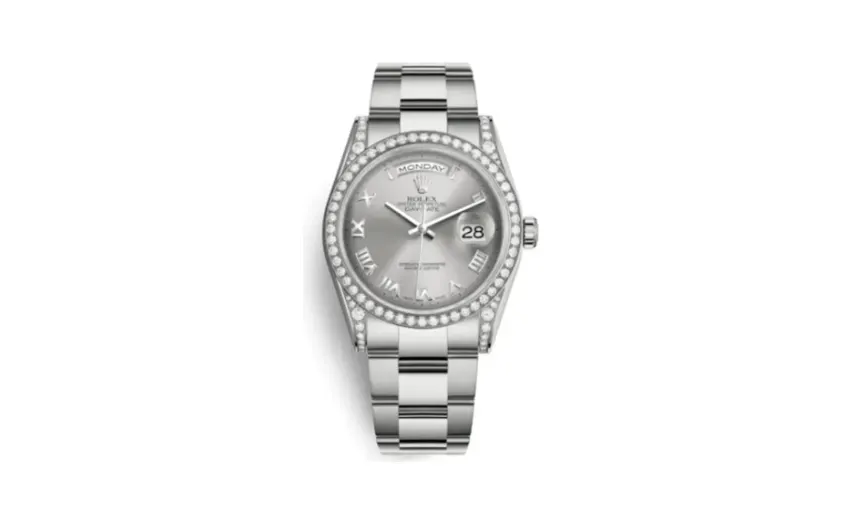 Rolex Day-Date 36 White Gold Diamonds / Oyster / Silver Roman