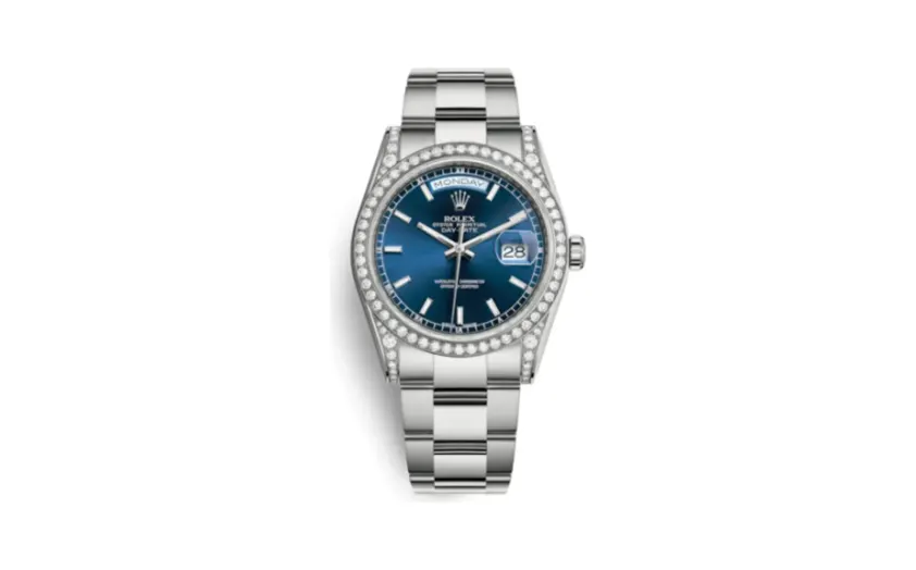 Rolex Day-Date 36 White Gold Diamonds / Oyster / Blue