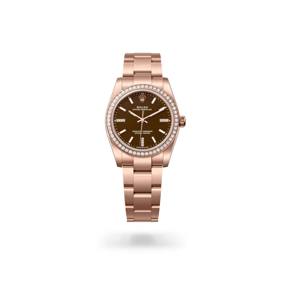 Rolex Oyster Perpetual 34, 18 kt Everose gold, Brown stone set with diamonds dial