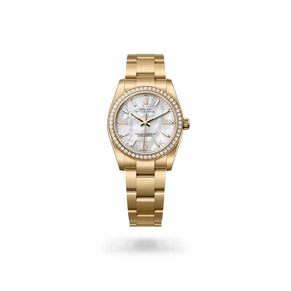 Rolex Oyster Perpetual 34, 18 kt yellow gold, White mother-of-pearl set with diamonds dial