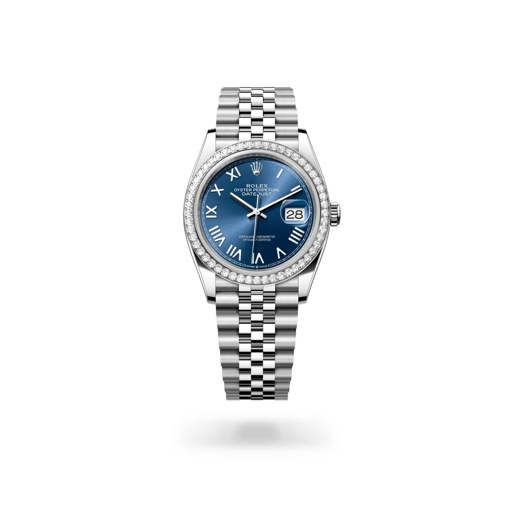 Rolex Datejust 36 Oyster, 36 mm, Oystersteel, white gold and diamonds, White Rolesor, Bright blue dial