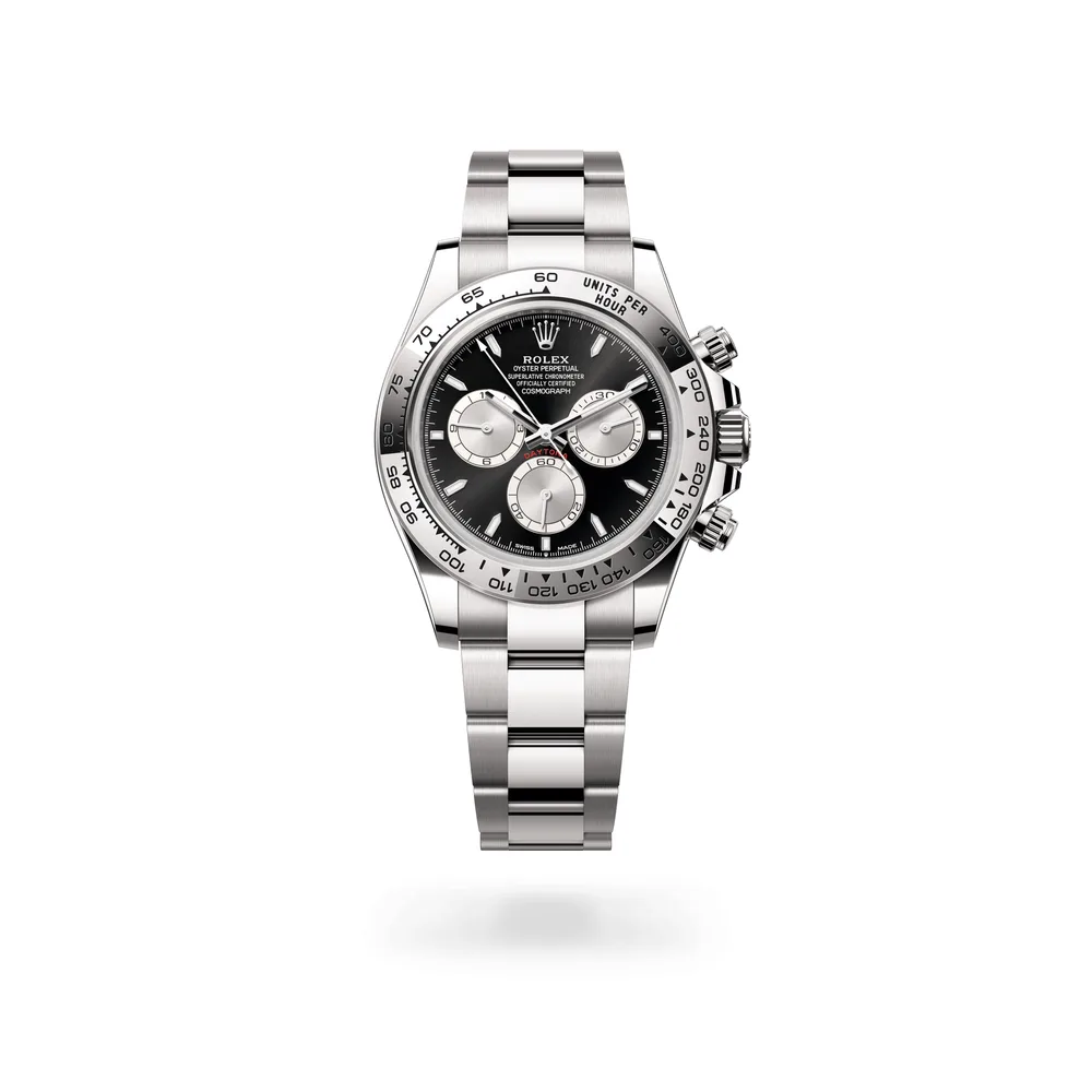 Rolex Cosmograph Daytona Oyster, 40 mm, white gold, 18 kt white gold, Bright black and steel dial
