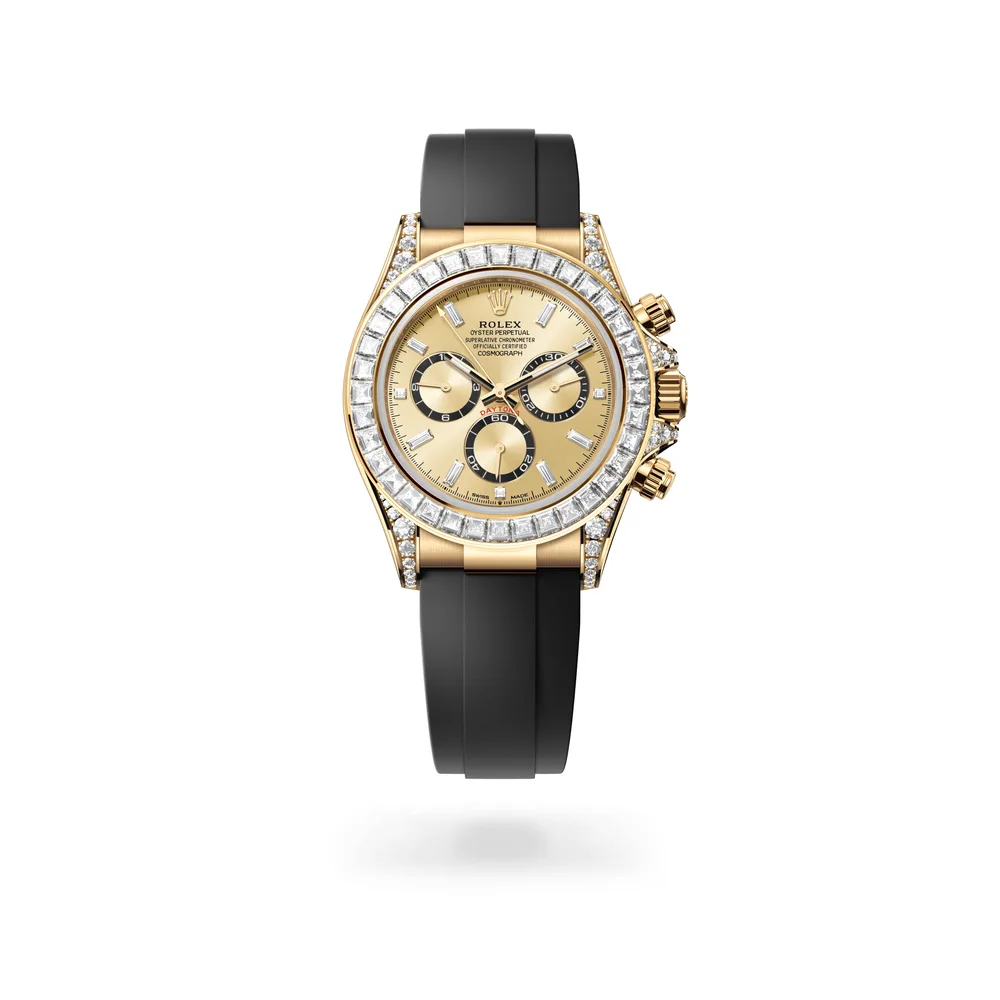 Rolex Cosmograph Daytona Oyster, 40 mm, yellow gold and diamonds, 18 kt yellow gold with lugs set with diamonds, Golden with bright black counter rings set with diamonds dial