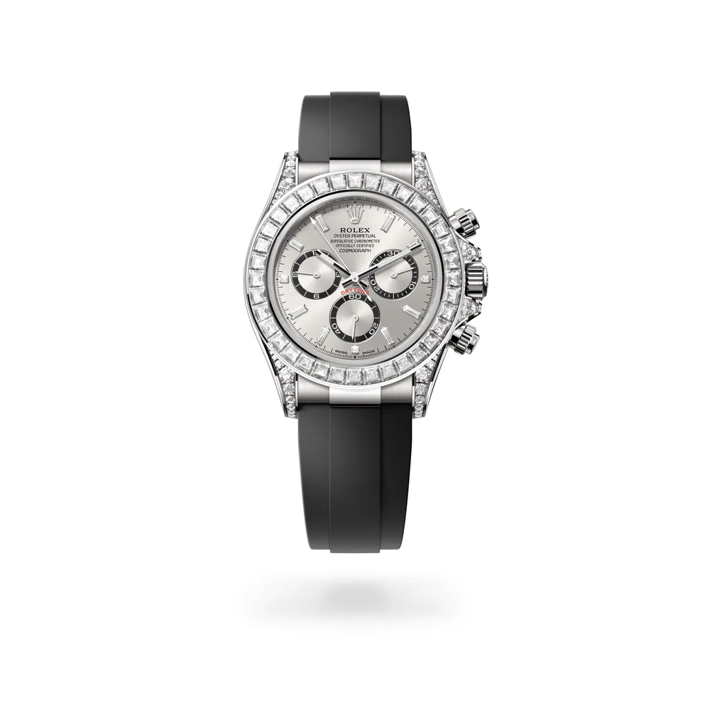 Rolex Cosmograph Daytona Oyster, 40 mm, white gold and diamonds, 18 kt white gold with lugs set with diamonds, Steel with bright black counter rings set with diamonds dial