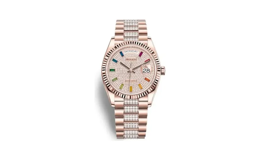 Rolex Day-Date 36 Everose Gold / Fluted / Paved-Rainbow / President-Diamond