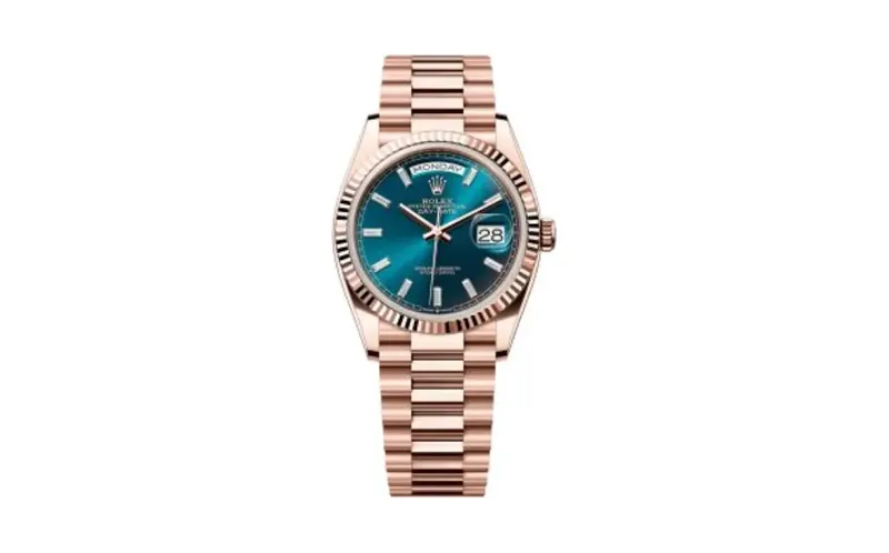 Rolex Day-Date 36 Everose Gold - Fluted / Blue-Green - Baguette / President