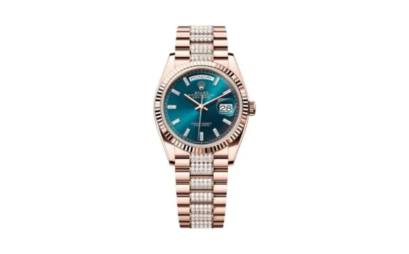 Rolex Day-Date 36 Everose Gold - Fluted / Blue-Green - Baguette / President - Diamond