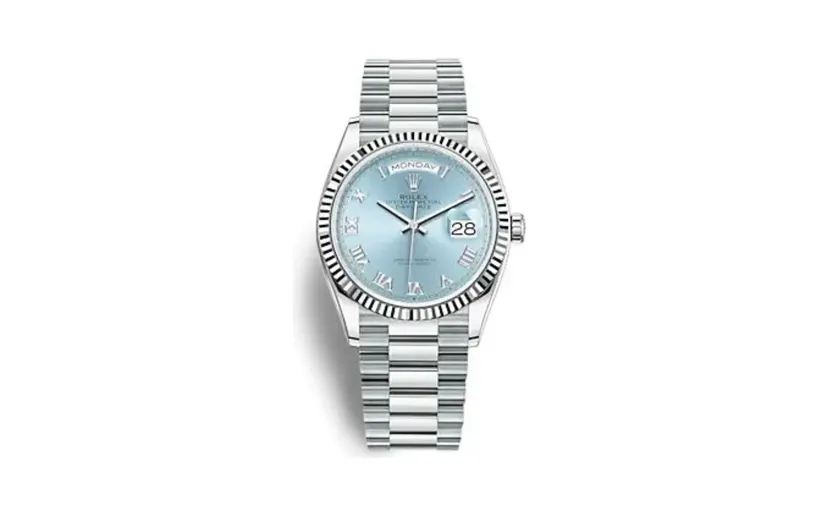 Rolex Day-Date 36 Platinum - Fluted / Ice Blue - Roman / President