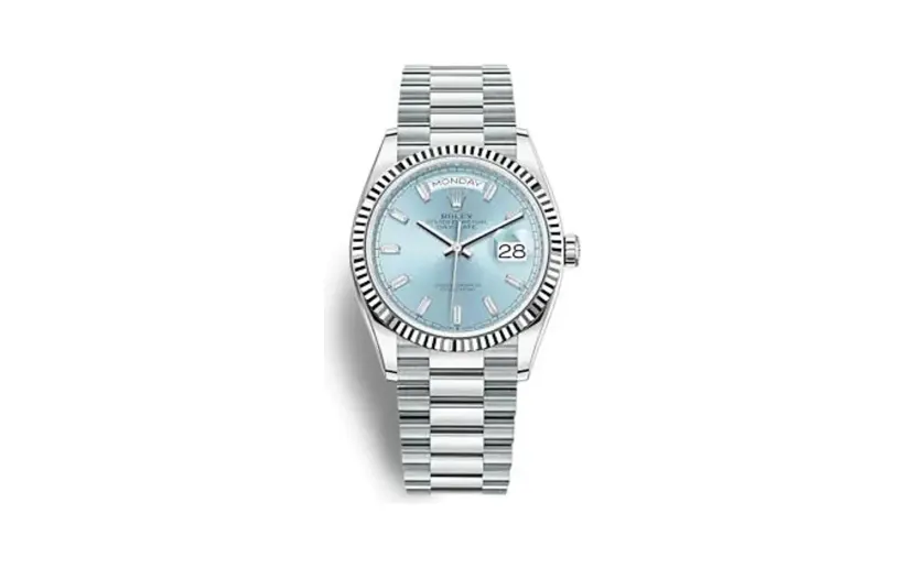 Rolex Day-Date 36 Platinum - Fluted / Ice Blue - Baguette / President