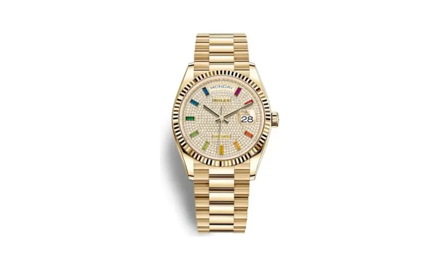 Rolex Day-Date 36 Yellow Gold / Fluted / Paved-Rainbow / President