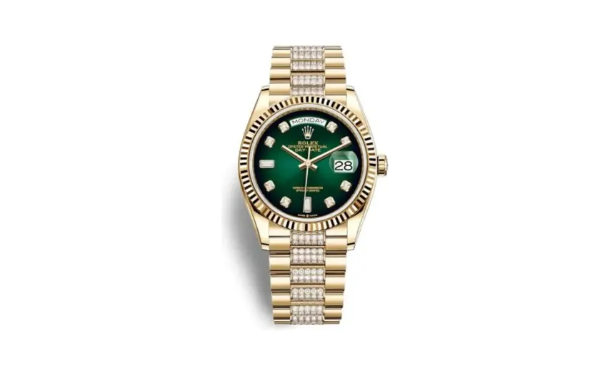 Rolex Day-Date 36 Yellow Gold / Fluted / Green Ombré-Diamond / President-Diamond