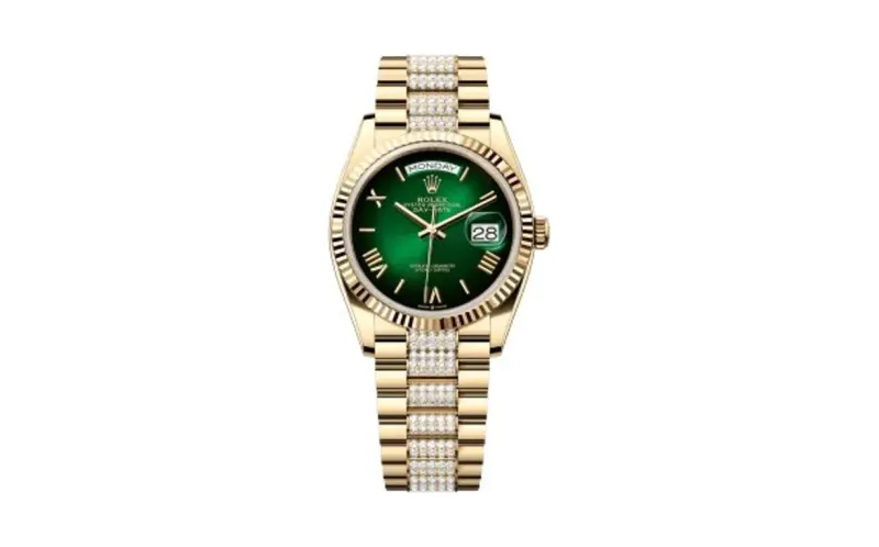 Rolex Day-Date 36 Yellow Gold / Fluted / Green Ombré - Roman / President - Diamond