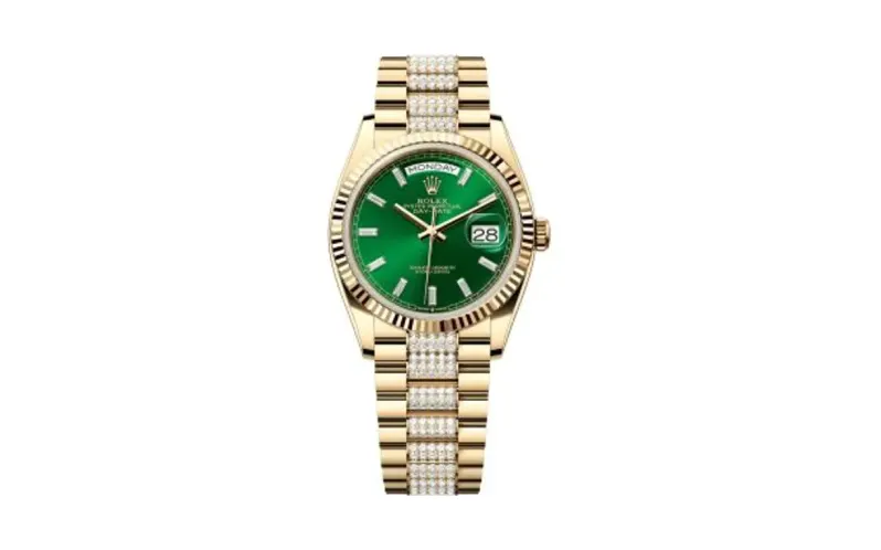 Rolex Day-Date 36 Yellow Gold - Fluted / Bright Green - Baguette / President - Diamond